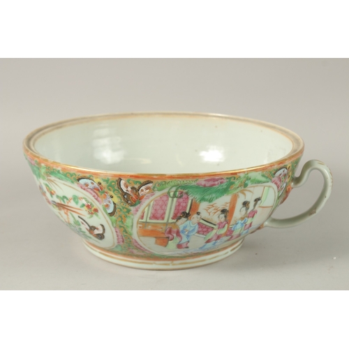 9 - A CHINESE CANTON FAMILLE ROSE PORCELAIN HANDLED BOWL AND DISH, the bowl possibly a chamber pot, 25cm... 