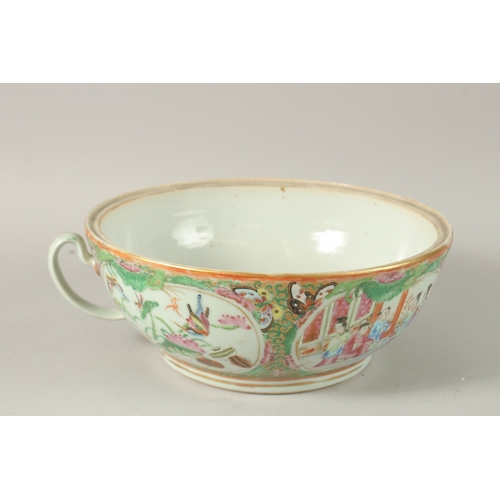 9 - A CHINESE CANTON FAMILLE ROSE PORCELAIN HANDLED BOWL AND DISH, the bowl possibly a chamber pot, 25cm... 