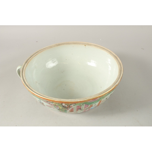 9 - A CHINESE CANTON FAMILLE ROSE PORCELAIN HANDLED BOWL AND DISH, the bowl possibly a chamber pot, 25cm... 