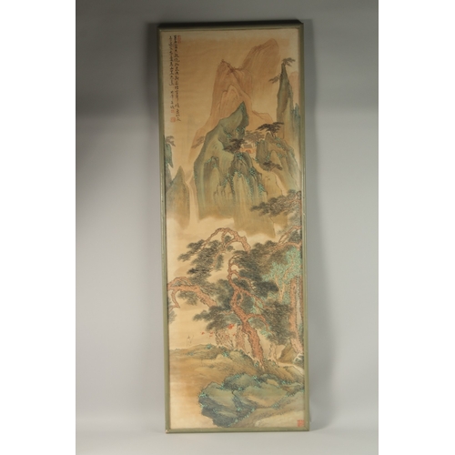 90 - A LARGE CHINESE PAINTING ON PAPER, depicting a mountainous landscape, inscribed to upper left with t... 