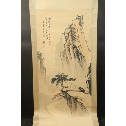 93 - A CHINESE SCROLL PAINTING ON PAPER, in the manner of Zhang Daqian (1899-1983), depicting a mountaino... 