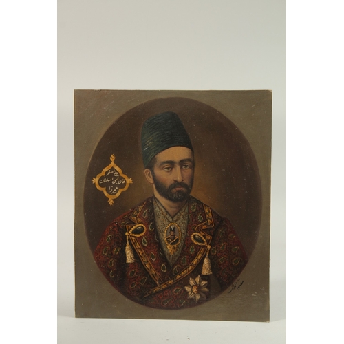 316 - A FINE 19TH CENTURY QAJAR OVAL PORTRAIT OIL PAINTING ON BOARD, depicting Ali Asgar Khan: son of Sult... 