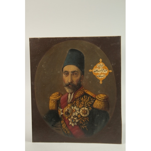 317 - A FINE 19TH CENTURY QAJAR OVAL PORTRAIT OIL PAINTING ON BOARD, depicting Murad Mirza, signed Musavvi... 