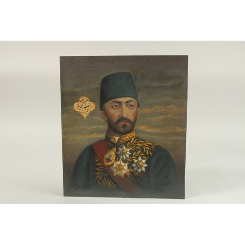 318 - A FINE 19TH CENTURY QAJAR PORTRAIT OIL PAINTING ON BOARD, depicting Madhi Khan, signed Musavvir Al-M... 