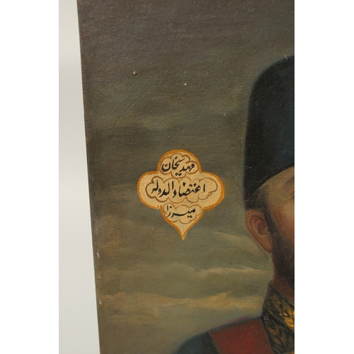 318 - A FINE 19TH CENTURY QAJAR PORTRAIT OIL PAINTING ON BOARD, depicting Madhi Khan, signed Musavvir Al-M... 