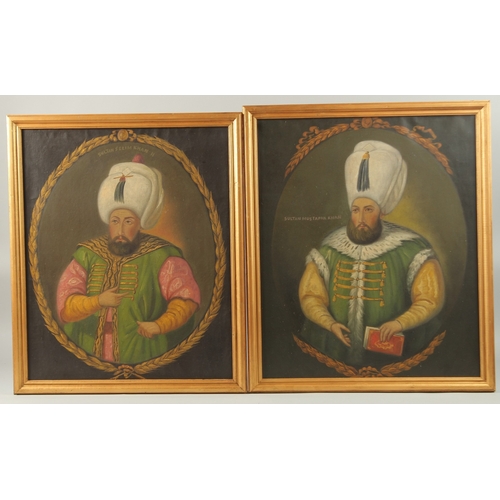 320 - TWO QAJAR OIL ON CANVASS PORTRAITS OF SULTAN MUSTAPHA KHAN AND SULTAN SELIM KHAN II, framed -unglaze... 