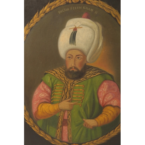 320 - TWO QAJAR OIL ON CANVASS PORTRAITS OF SULTAN MUSTAPHA KHAN AND SULTAN SELIM KHAN II, framed -unglaze... 