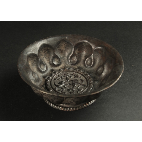 107 - A VERY FINE AND RARE CHINESE POSSIBLY TANG DYNASTY ENGRAVED COPPER FOOTED BOWL, depicting animals an... 