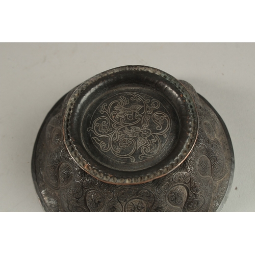 107 - A VERY FINE AND RARE CHINESE POSSIBLY TANG DYNASTY ENGRAVED COPPER FOOTED BOWL, depicting animals an... 