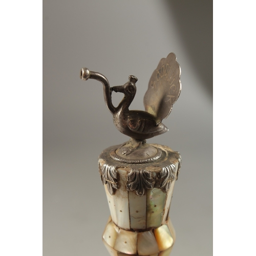 108 - A FINE AND UNUSUAL INDIAN -POSSIBLY FOR THE EUROPEAN MARKET, SILVER MOUNTED MOTHER OF PEARL PERFUME ... 