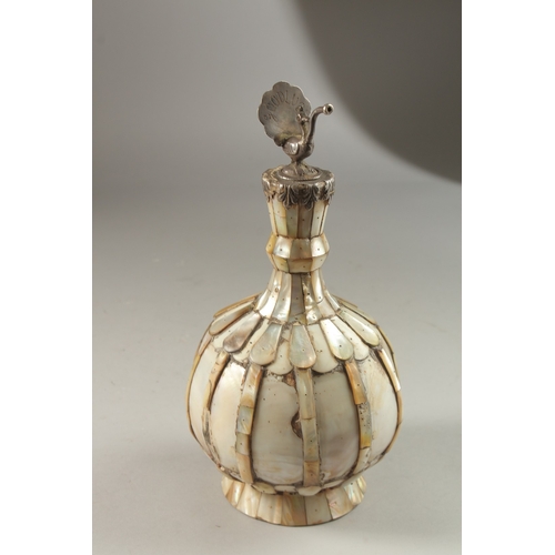 108 - A FINE AND UNUSUAL INDIAN -POSSIBLY FOR THE EUROPEAN MARKET, SILVER MOUNTED MOTHER OF PEARL PERFUME ... 