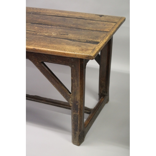 1021 - AN 18TH CENTURY OAK REFECTORY DINING TABLE, with four planks to the rectangular top, on chamfered sq... 