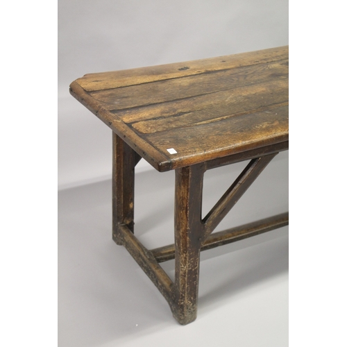 1021 - AN 18TH CENTURY OAK REFECTORY DINING TABLE, with four planks to the rectangular top, on chamfered sq... 