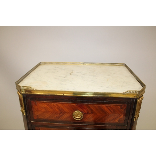 1031 - AN 18TH CENTURY FRENCH KINGWOOD ORMOLU AND MARBLE CABINET with brass galleried marble top, two short... 