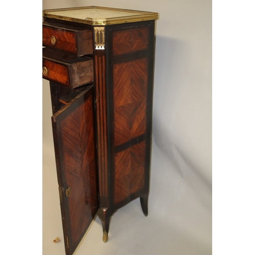 1031 - AN 18TH CENTURY FRENCH KINGWOOD ORMOLU AND MARBLE CABINET with brass galleried marble top, two short... 