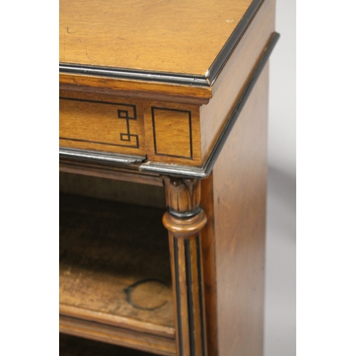 1033 - A GOOD VICTORIAN OAK AND EBONY INLAID OPEN BOOKCASE, with a pair of frieze drawers over two shelves,... 