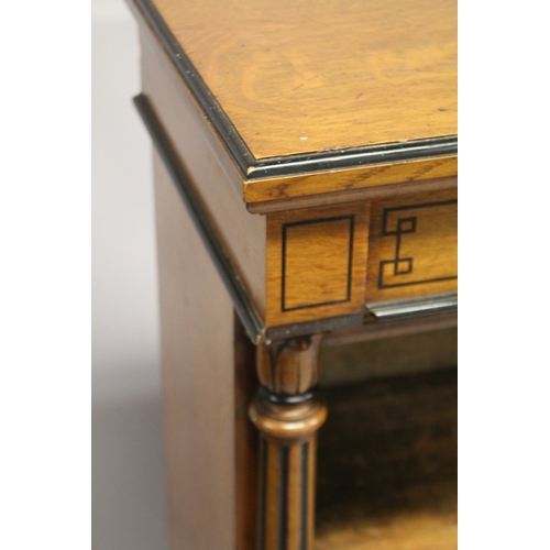 1033 - A GOOD VICTORIAN OAK AND EBONY INLAID OPEN BOOKCASE, with a pair of frieze drawers over two shelves,... 