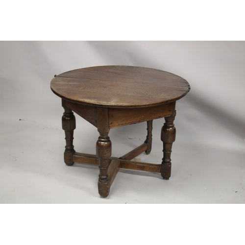 1036 - AN 18TH CENTURY OAK CREDENCE TABLE, with demilune fold-over top, on three baluster turned legs, one ... 