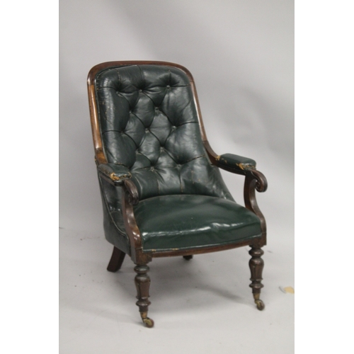 1039 - A WILLIAM IV MAHOGANY AND GREEN LEATHER BUTTON UPHOLSTERED LIBRARY ARMCHAIR, with turned and carved ... 