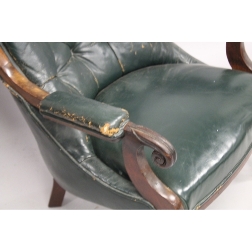 1039 - A WILLIAM IV MAHOGANY AND GREEN LEATHER BUTTON UPHOLSTERED LIBRARY ARMCHAIR, with turned and carved ... 