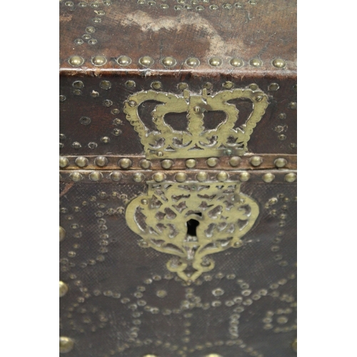 1040 - A GOOD 18TH CENTURY BRASS STUDDED LEATHER DOME TOP TRUNK, with wrought iron carrying handles, dated ... 