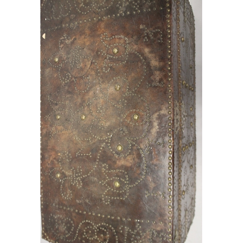 1040 - A GOOD 18TH CENTURY BRASS STUDDED LEATHER DOME TOP TRUNK, with wrought iron carrying handles, dated ... 