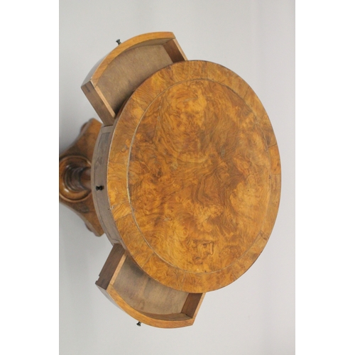 1049 - A GOOD EARLY 19TH CENTURY WALNUT DRUM TABLE, the circular top supported on a turned and carved colum... 