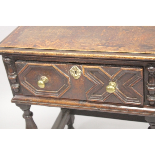 1050 - A 19TH CENTURY OAK DRESSER BASE OF SMALL SIZE, with a pair of moulded, panelled drawers on baluster ... 