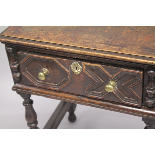 1050 - A 19TH CENTURY OAK DRESSER BASE OF SMALL SIZE, with a pair of moulded, panelled drawers on baluster ... 