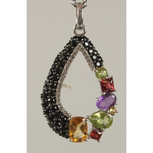 1672 - A SILVER PEAR SHAPED OPEN WORK PENDANT set with black and white CZs, citrine, peridot, amethyst and ... 