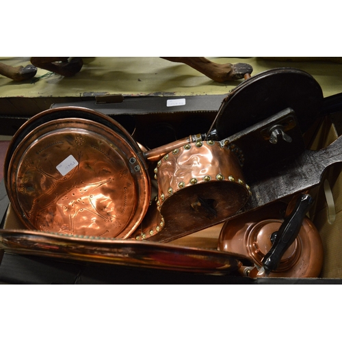 148 - Copper and brass ware to include storage box, bed warming pan, kettle etc.