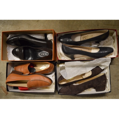 163 - A pair of Tods ladies brown leather shoes and three other pairs of designer shoes, size approx 38½.