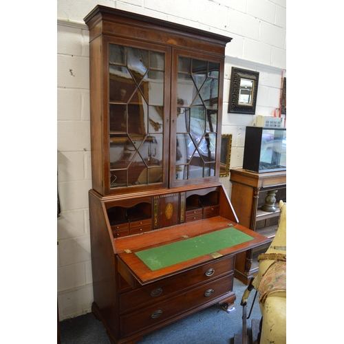 387 - A good George III design mahogany and inlaid bureau bookcase.