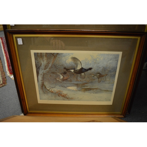 415 - Archibald Thorburn, four pencil signed colour prints depicting game birds, three with original frame... 