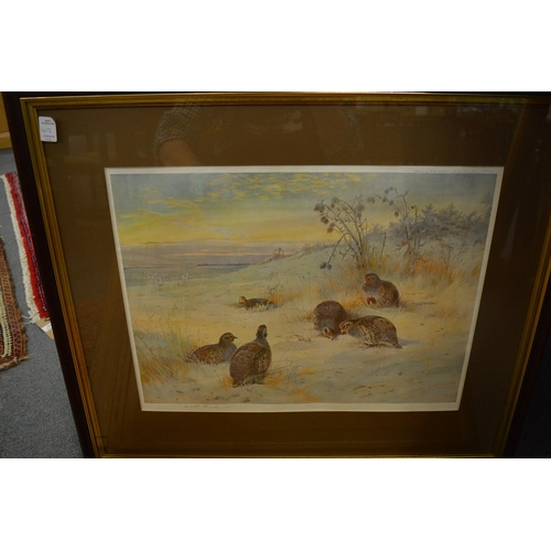 415 - Archibald Thorburn, four pencil signed colour prints depicting game birds, three with original frame... 