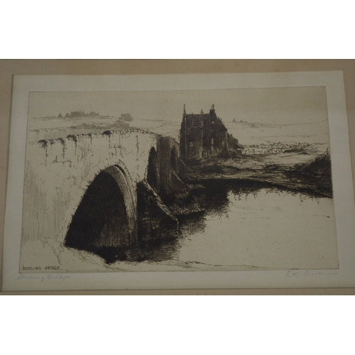 420 - Peter Garland, Stirling Bridge, engraving, pencil signed and a folder of unframed prints.