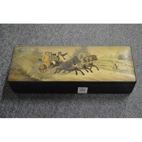 493 - A Russian lacquer box, the cover painted with horse and carriage.