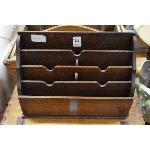 591 - An oak magazine rack, a stool, pine work box and other items.