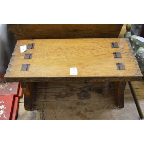 591 - An oak magazine rack, a stool, pine work box and other items.