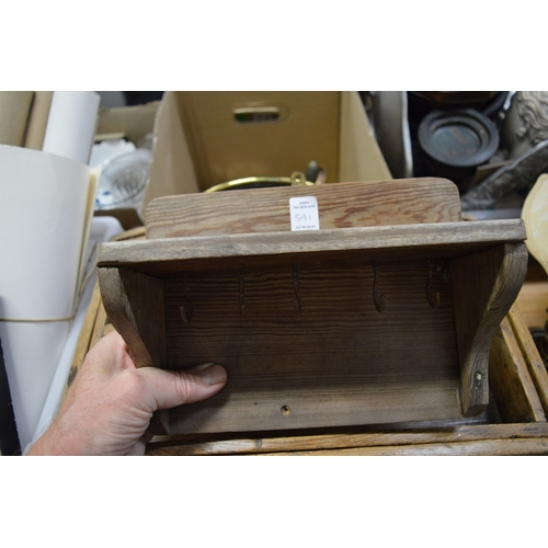 591 - An oak magazine rack, a stool, pine work box and other items.