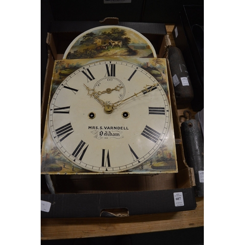 607 - A 19th century eight day long case clock movement the painted arched dial signed Mrs S Varndell, Odi... 