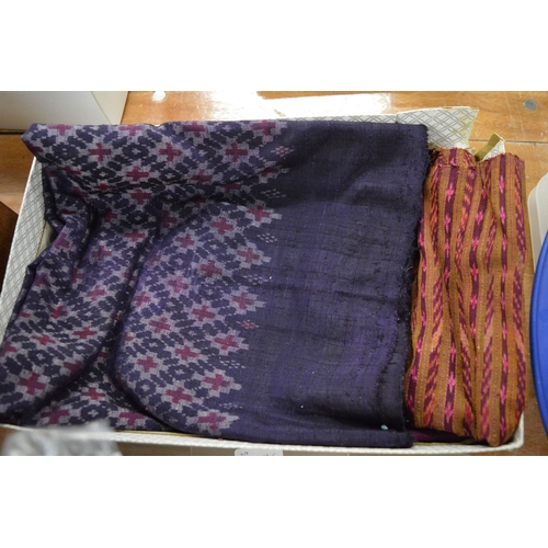 699 - A quantity of Honiton and other lace, Ikat silk trousers and skirt etc together with a piece of Sand... 