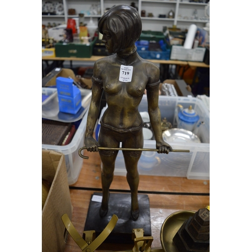 719 - Bronze standing female figure and other items.