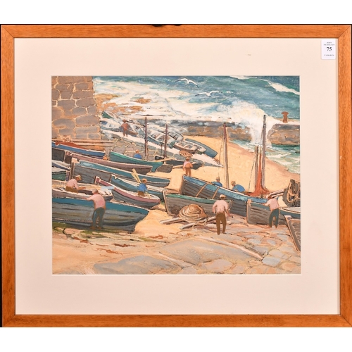 100 - 20th Century, figures attending to beached boats in a harbour, mixed media, watercolour and probably... 