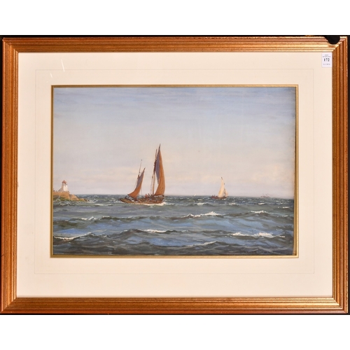 107 - Patrick Downie (1854-1945), barges under sail leaving a port, watercolour and gouache, signed, 14