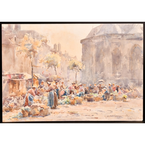 110 - Harold Swanwick (1866-1929), figures at a busy market in Dieppe, watercolour, signed and inscribed, ... 