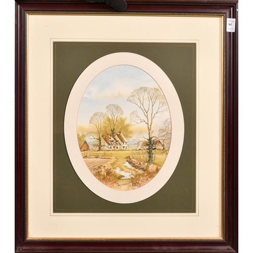 111 - Andrew Findlay (20th Century), a pair of oval watercolour scenes of houses in a landscape, each sign... 