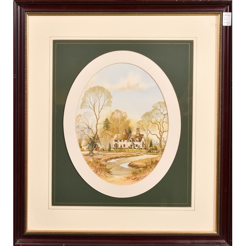 111 - Andrew Findlay (20th Century), a pair of oval watercolour scenes of houses in a landscape, each sign... 