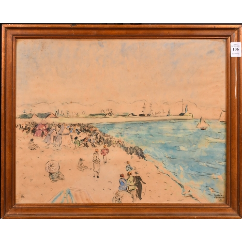 114 - Marcel Prunier, French School, Circa 1924, elegant figures gathered on a beach, watercolour, signed,... 