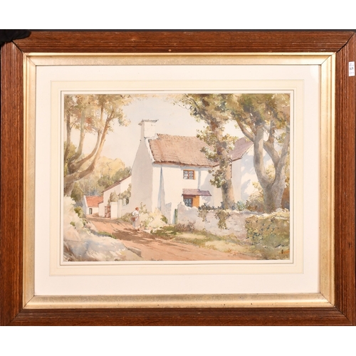 118 - Circle of Harold Septimus Power, a lady outside a whitewashed farmhouse, watercolour, signed with sy... 